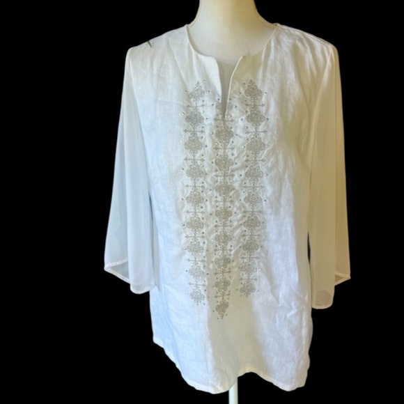 JM ladies beaded 100% linen shirt with floaty, sheer sleeves, small white - Picture 1 of 10